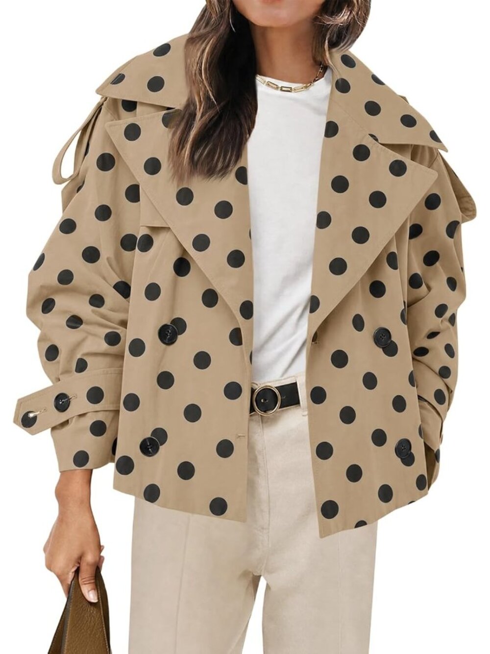 Women's khaki Polka Dot Cropped Trench Double Breasted Short Jacket with Belt